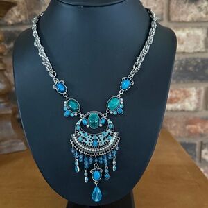 Vintage Silver Tone Crescent Moon Fringe Statement Necklace